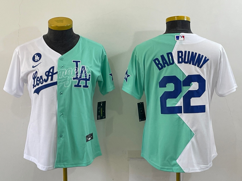 Youth Los Angeles Dodgers #22 Bad Bunny White Green Two Tone 2022 Celebrity Softball Game Cool Base Jersey2