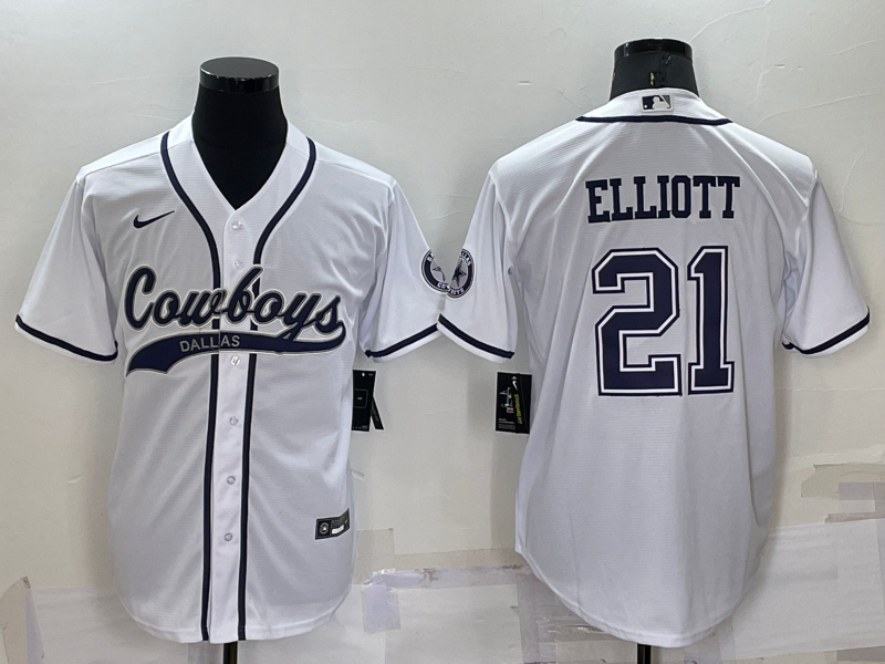 Men's Dallas Cowboys #21 Ezekiel Elliott White Stitched Cool Base Nike Baseball Jersey