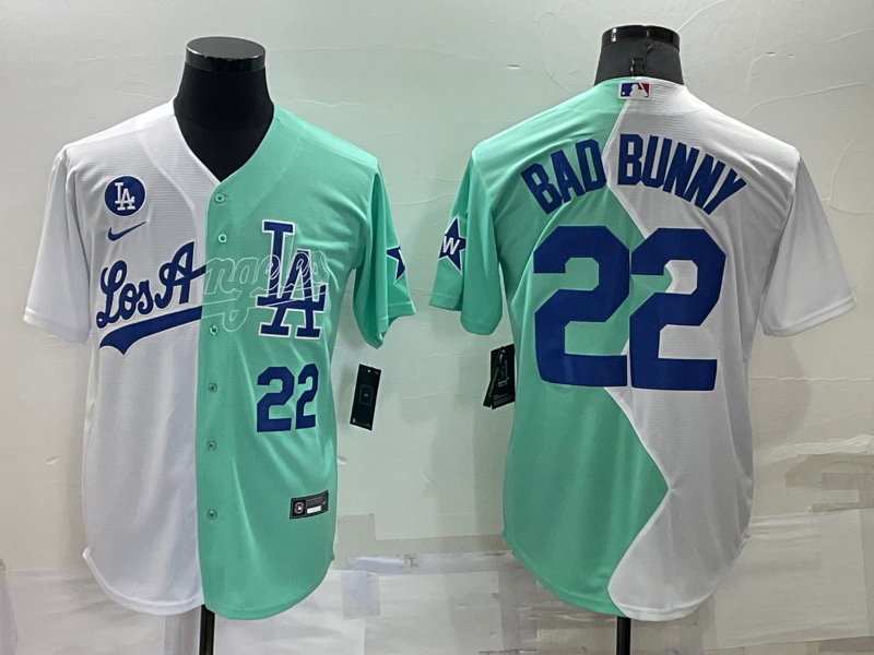 Mens Los Angeles Dodgers #22 Bad Bunny White Green Number 2022 Celebrity Softball Game Cool Base Jersey