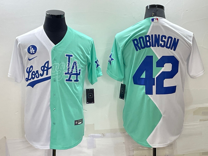 Men's Los Angeles Dodgers #42 Jackie Robinson White Green Two Tone 2022 Celebrity Softball Game Cool Base Jersey