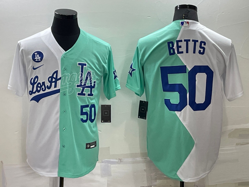 Men's Los Angeles Dodgers #50 Mookie Betts White Green Number 2022 Celebrity Softball Game Cool Base Jersey1