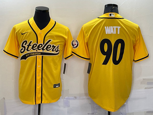 Men's Pittsburgh Steelers #90 T.J. Watt Gold With Patch Cool Base Stitched Baseball Jersey