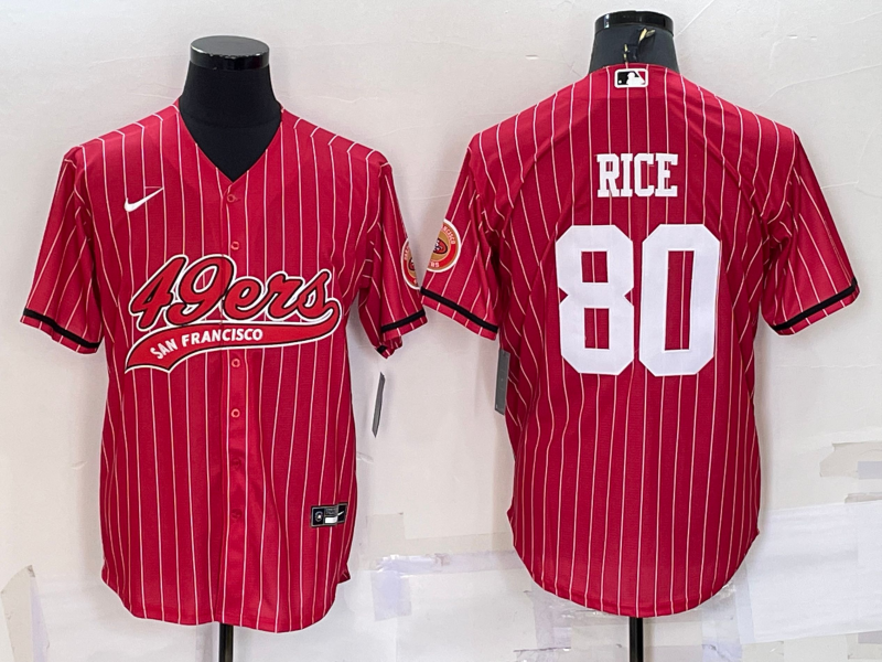 Men's San Francisco 49ers #80 Jerry Rice Red Pinstripe With Patch Cool Base Stitched Baseball Jersey