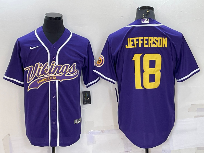 Men's Minnesota Vikings #18 Justin Jefferson Purple Yellow With Patch Cool Base Stitched Baseball Jersey