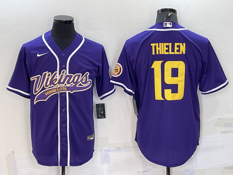 Men's Minnesota Vikings #19 Adam Thielen Purple Yellow With Patch Cool Base Stitched Baseball Jersey