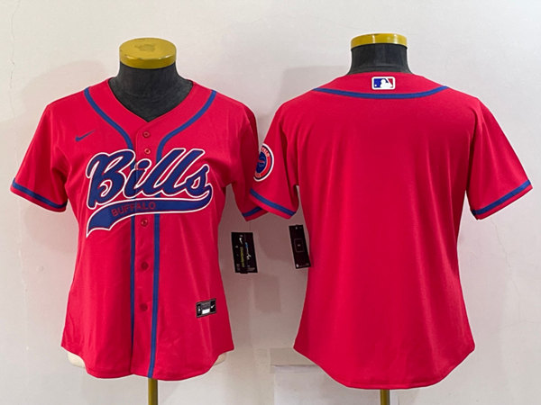 Women's Buffalo Bills Blank Red With Patch Cool Base Stitched Baseball Jersey(Run Small)