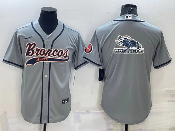 Men's Denver Broncos Gray Team Big Logo With Patch Cool Base Stitched Baseball Jersey