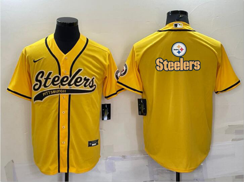 Men's Pittsburgh Steelers Gold Team Big Logo With Patch Cool Base Stitched Baseball Jersey