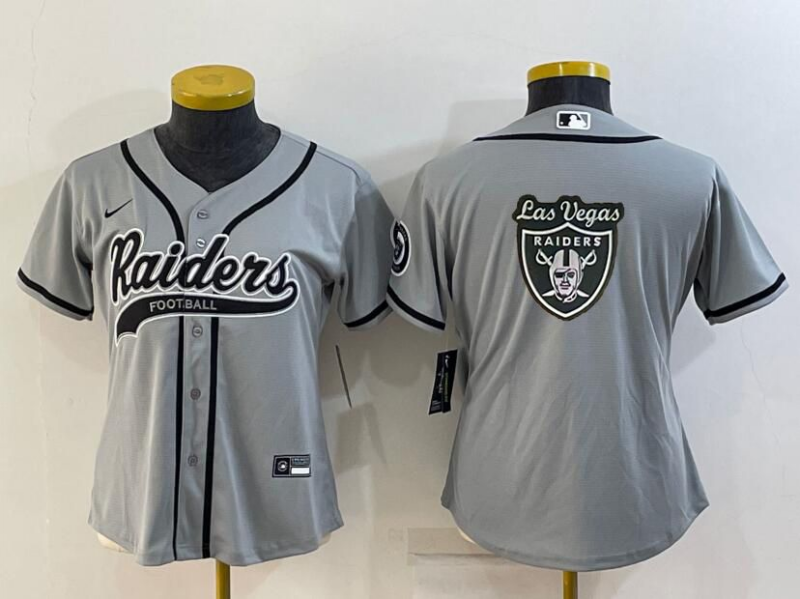 Women's Las Vegas Raiders Grey Team Big Logo With Patch Cool Base Stitched Baseball Jersey