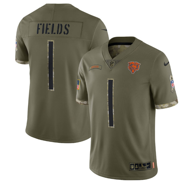 Men's Chicago Bears #1 Justin Fields 2022 Olive Salute To Service Limited Stitched Jersey