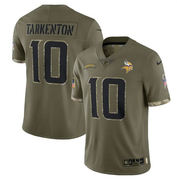 Men's Minnesota Vikings #10 Fran Tarkenton 2022 Olive Salute To Service Limited Stitched Jersey