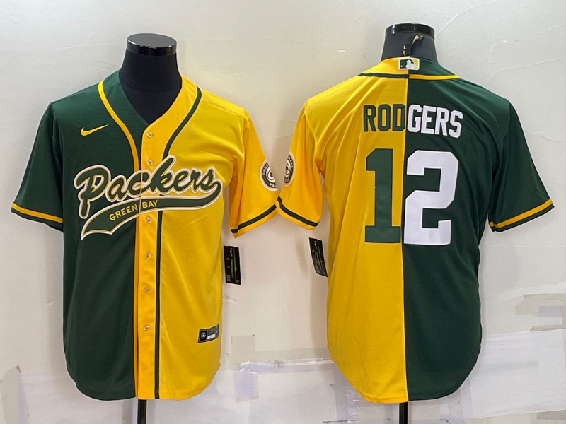 Men's Green Bay Packers #12 Aaron Rodgers Green Yellow Split With Patch Cool Base Stitched Baseball Jersey