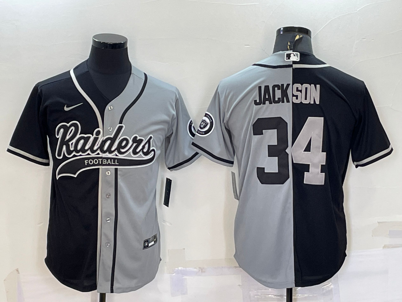 Men's Las Vegas Raiders #34 Bo Jackson Black Grey Split With Patch Cool Base Stitched Baseball Jersey