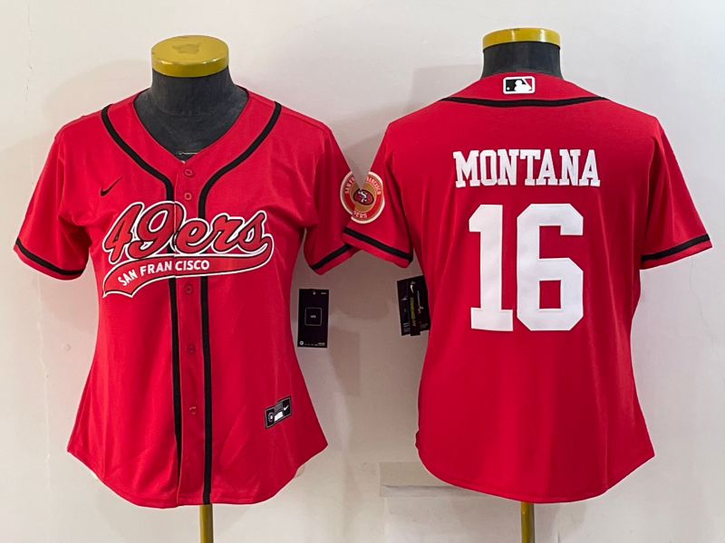 Women's San Francisco 49ers #16 Joe Montana Red With Patch Cool Base Stitched Baseball Jersey