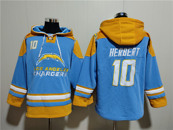 Men's Los Angeles Chargers #10 Justin Herbert Blue Ageless Must-Have Lace-Up Pullover Hoodie