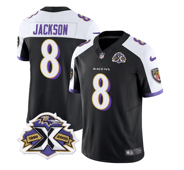 Men's Baltimore Ravens #8 Lamar Jackson Black White 2023 F.U.S.E With Patch Throwback Vapor Limited Stitched Jersey