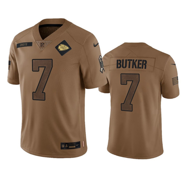 Men's Kansas City Chiefs #7 Harrison Butker 2023 Brown Salute To Service Limited Football Stitched Jersey