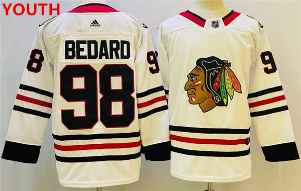 Youth Chicago Blackhawks #98 Connor Bedard White Black Stitched Jersey