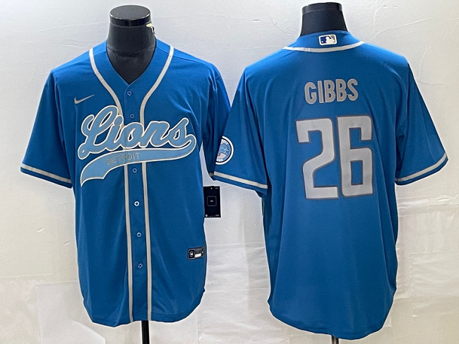 Men's Detroit Lions #26 Jahmyr Gibbs Blue Cool Base Stitched Baseball Jersey