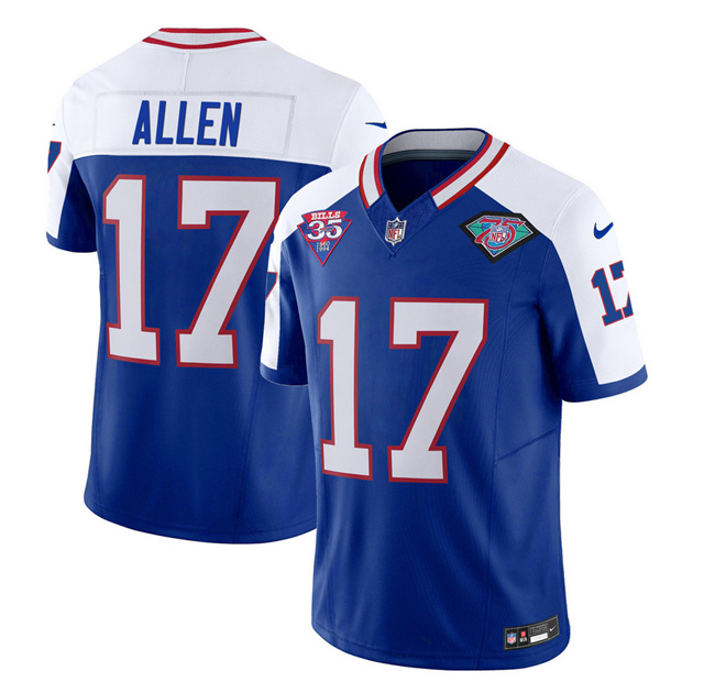 Men's Buffalo Bills #17 Josh Allen Blue White 2023 F.U.S.E. 75th Anniversary Throwback Vapor Untouchable Limited Football Stitched Jersey