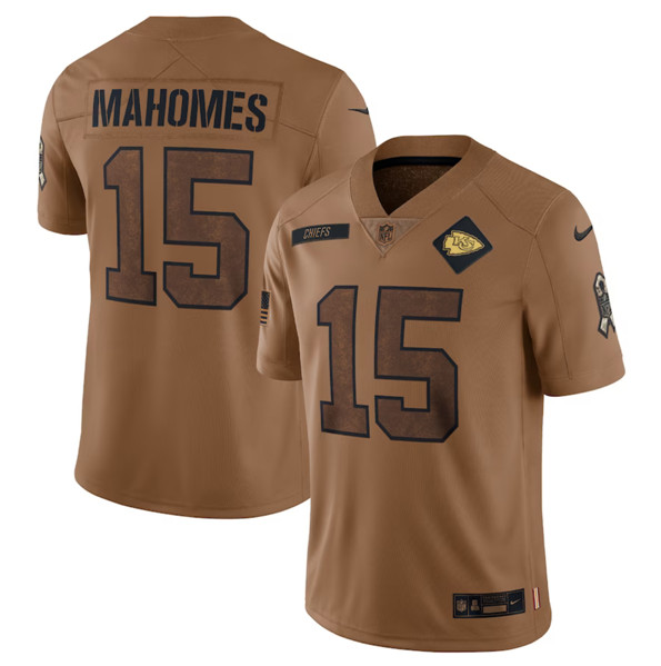 Men's Kansas City Chiefs #15 Patrick Mahomes 2023 Brown Salute To Service Limited Football Stitched Jersey