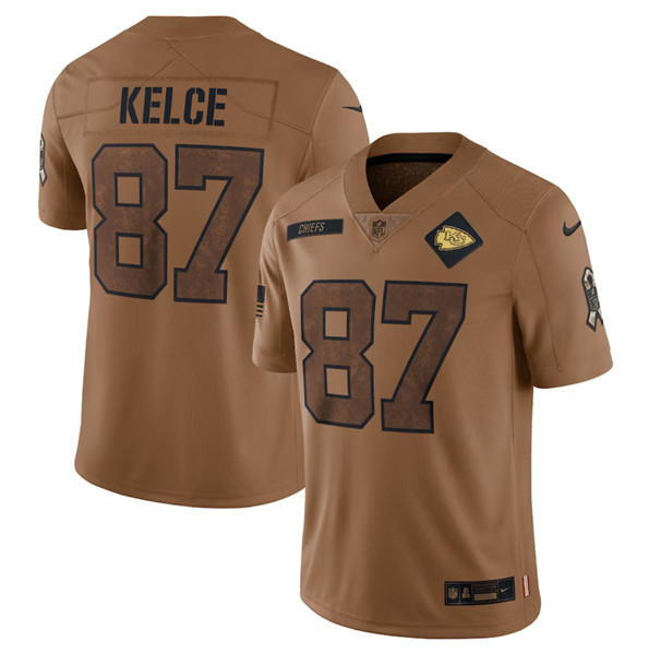 Men's Kansas City Chiefs #87 Travis Kelce 2023 Brown Salute To Service Limited Football Stitched Jersey