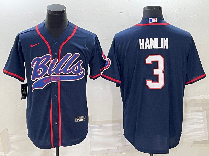 Men's Buffalo Bills #3 Damar Hamlin Navy Blue With Patch Cool Base Stitched Baseball Jersey