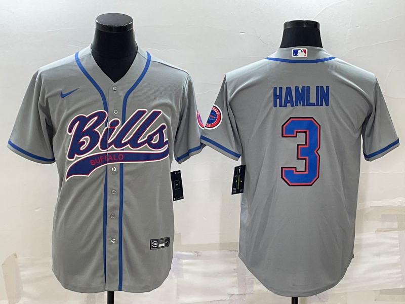 Men's Buffalo Bills #3 Damar Hamlin Grey With Patch Cool Base Stitched Baseball Jersey