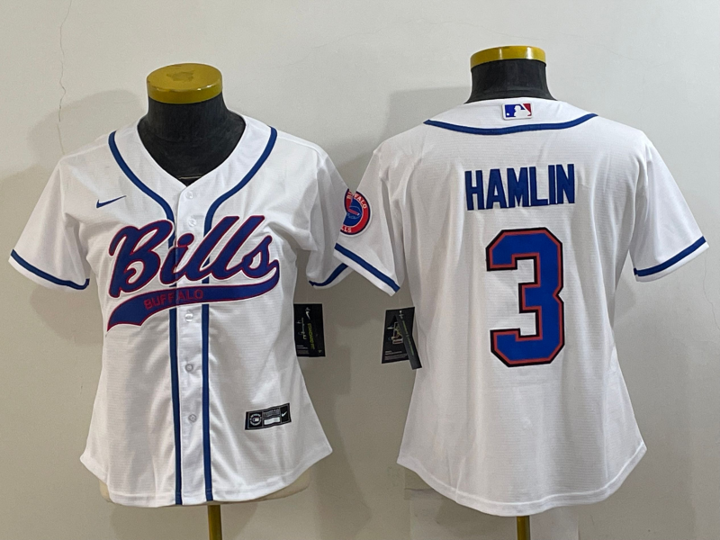 Women's Buffalo Bills #3 Damar Hamlin White With Patch Cool Base Stitched Baseball Jersey