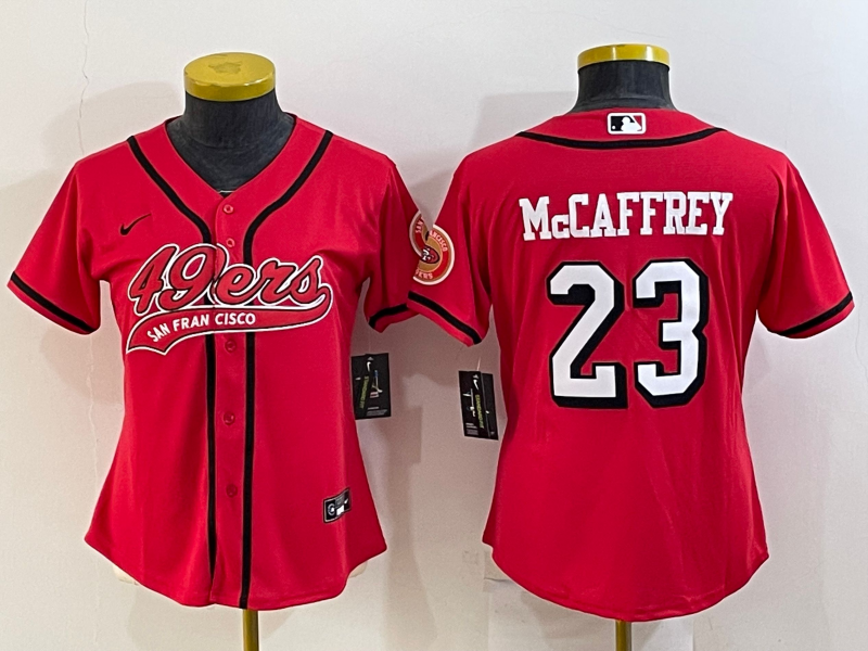 Women's San Francisco 49ers #23 Christian McCaffrey Red Color Rush With Patch Cool Base Stitched Baseball Jersey