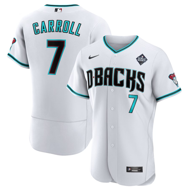 Men's Arizona Diamondbacks #7 Corbin Carroll White 2023 World Series Flex Base Stitched Jersey