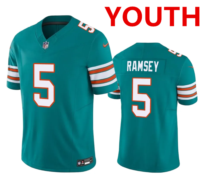 Youth Miami Dolphins #5 Jalen Ramsey Aqua 2023 F.U.S.E Vapor Limited Stitched Football Jersey