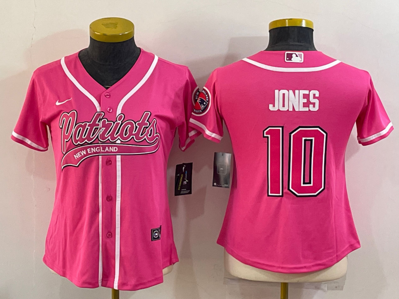 Women's New England Patriots #10 Mac Jones Pink With Patch Cool Base Stitched Baseball Jersey