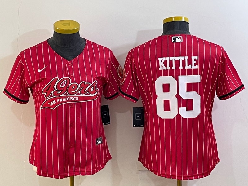 Women's San Francisco 49ers #85 George Kittle Red Pinstripe With Patch Cool Base Stitched Baseball Jersey