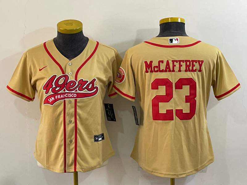 Women's San Francisco 49ers #23 Christian McCaffrey Gold With Patch Cool Base Stitched Baseball Jersey