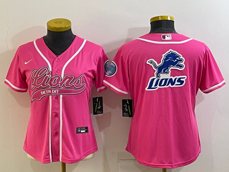 Women's Detroit Lions Pink Team Big Logo With Patch Cool Base Stitched Baseball Jersey