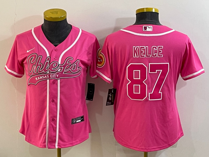 Women's Kansas City Chiefs #87 Travis Kelce Pink With Patch Cool Base Stitched Baseball Jersey