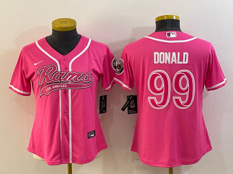 Women's Los Angeles Rams #99 Aaron Donald Pink With Patch Cool Base Stitched Baseball Jersey