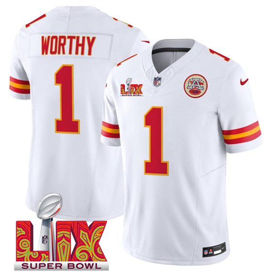 Men’s Kansas City Chiefs #1 Xavier Worthy White 2025 F.U.S.E. Super Bowl LIX Patch Vapor Untouchable Limited Football Stitched Jersey Men’s Kansas City Chiefs #1 Xavier Worthy White 2025 F.U.S.E. Super Bowl LIX Patch Vapor Untouchable Limited Football Stitched Jersey