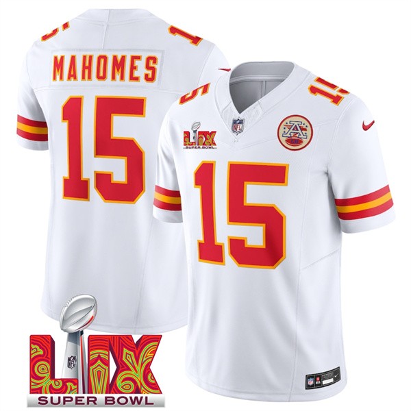 Men's Kansas City Chiefs #15 Patrick Mahomes White 2025 F.U.S.E. Super Bowl LIX Patch Vapor Untouchable Limited Football Stitched Jersey