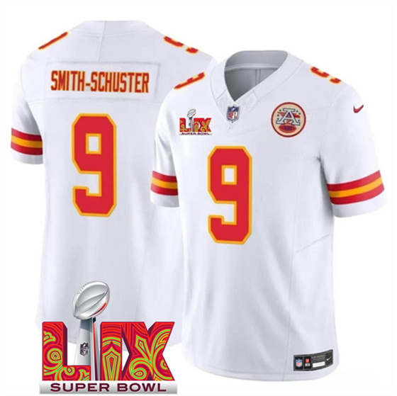 Men’s Kansas City Chiefs #9 JuJu Smith-Schuster White 2025 F.U.S.E. Super Bowl LIX Patch Vapor Untouchable Limited Football Stitched Jersey