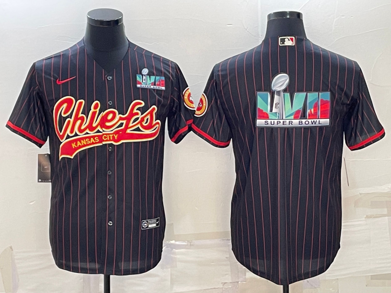 Men's Kansas City Chiefs Black With Super Bowl LVII Big Logo Cool Base Stitched Baseball Jerseys