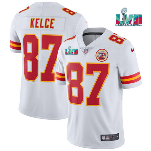 Men's Kansas City Chiefs #87 Travis Kelce White Super Bowl LVII Patch Vapor Untouchable Limited Stitched Jersey