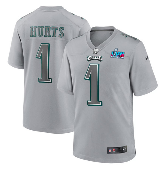 Men's Philadelphia Eagles #1 Jalen Hurts Gray Super Bowl LVII Patch Atmosphere Fashion Stitched Game Jersey