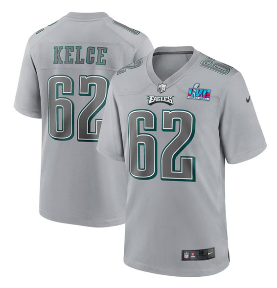 Men's Philadelphia Eagles #62 Jason Kelce Gray Super Bowl LVII Patch Atmosphere Fashion Stitched Game Jersey