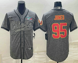 Men's Kansas City Chiefs #95 Chris Jones Grey With Super Bowl LVII Patch Cool Base Stitched Baseball Jersey