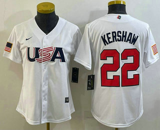 Women's USA Baseball #22 Clayton Kershaw 2023 White World Classic Stitched Jersey