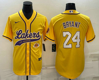 Men's Los Angeles Lakers #24 Kobe Bryant Yellow With Patch Cool Base Stitched Baseball Jerseys