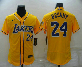 Men's Los Angeles Lakers #24 Kobe Bryant Number Yellow Cool Base Stitched Baseball Jersey