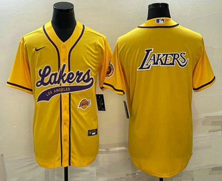 Mens Los Angeles Lakers Yellow Big Logo With Patch Cool Base Stitched Baseball Jersey